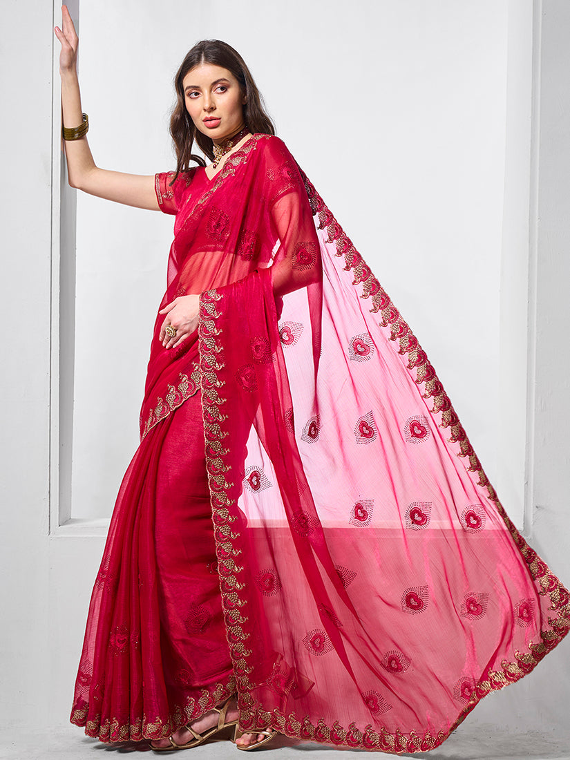 Monjolika Fashion Shimmer Chiffon Rani Embroidered Classic Saree