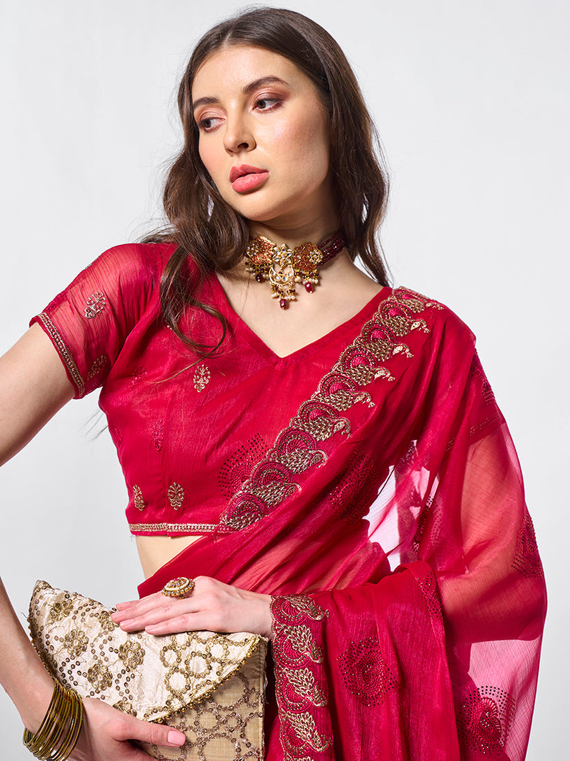Monjolika Fashion Shimmer Chiffon Rani Embroidered Classic Saree