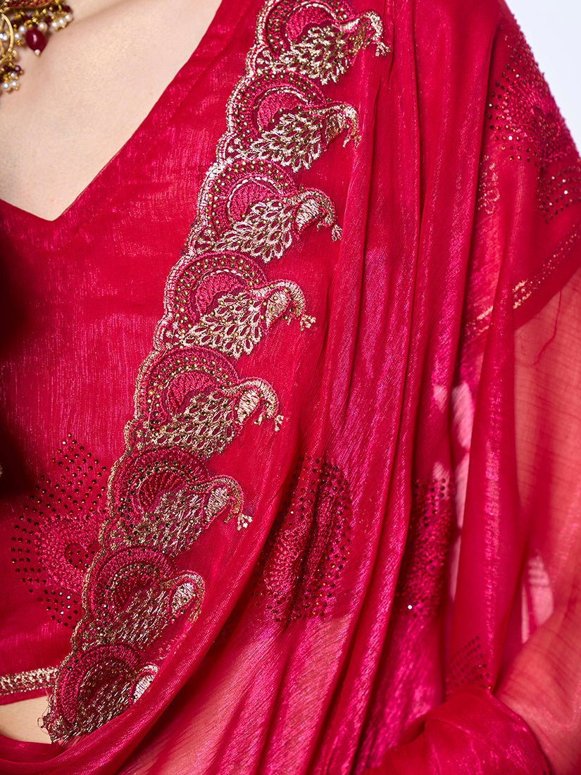 Monjolika Fashion Shimmer Chiffon Rani Embroidered Classic Saree