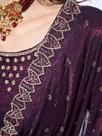 Monjolika Fashion Chiffon Wine Embroidered Contemporary Saree