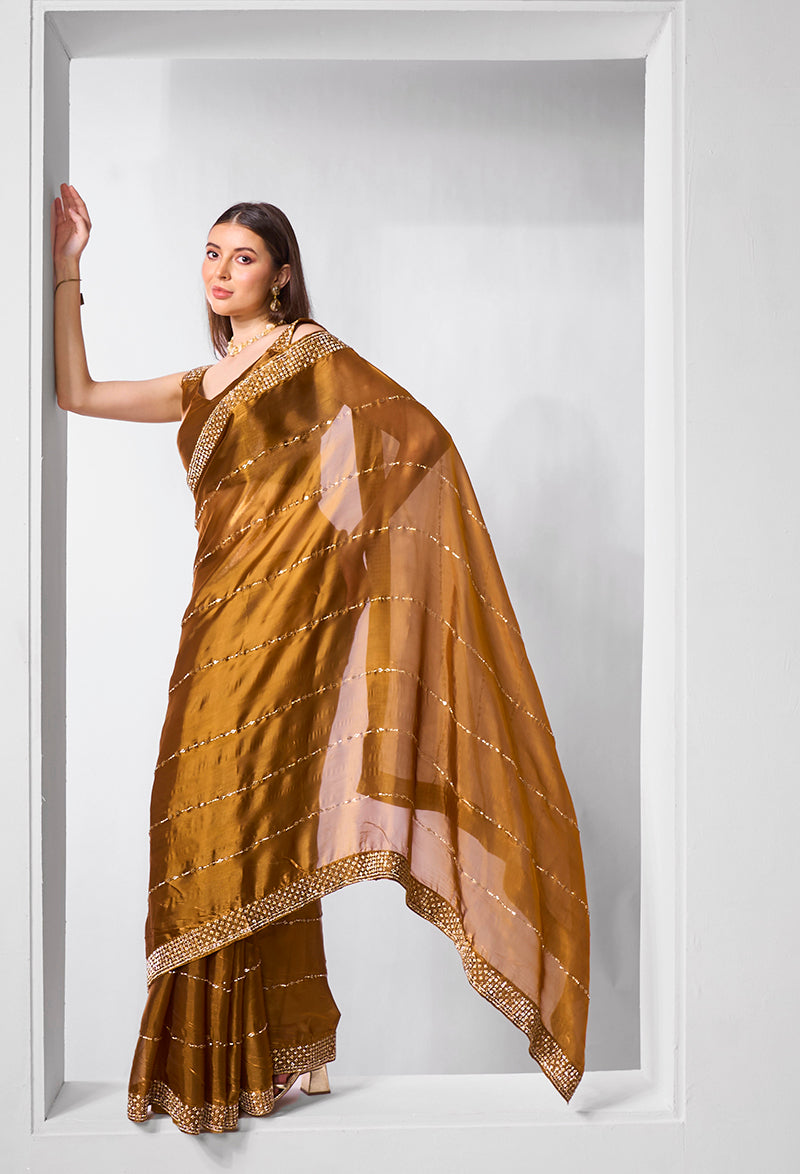 Monjolika Fashion Brown Jimmy Chu Embroidered Classic Saree