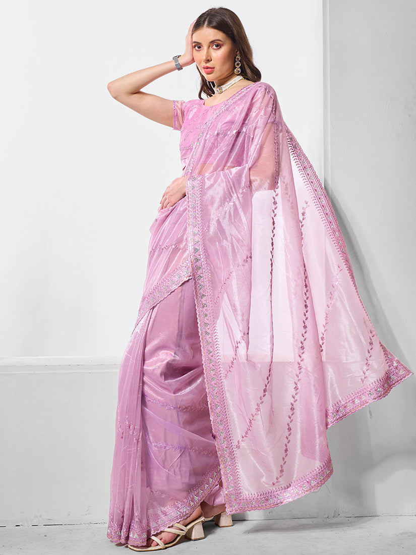 Monjolika Fashion Light Purple Chiffon Embroidered Trendy Saree