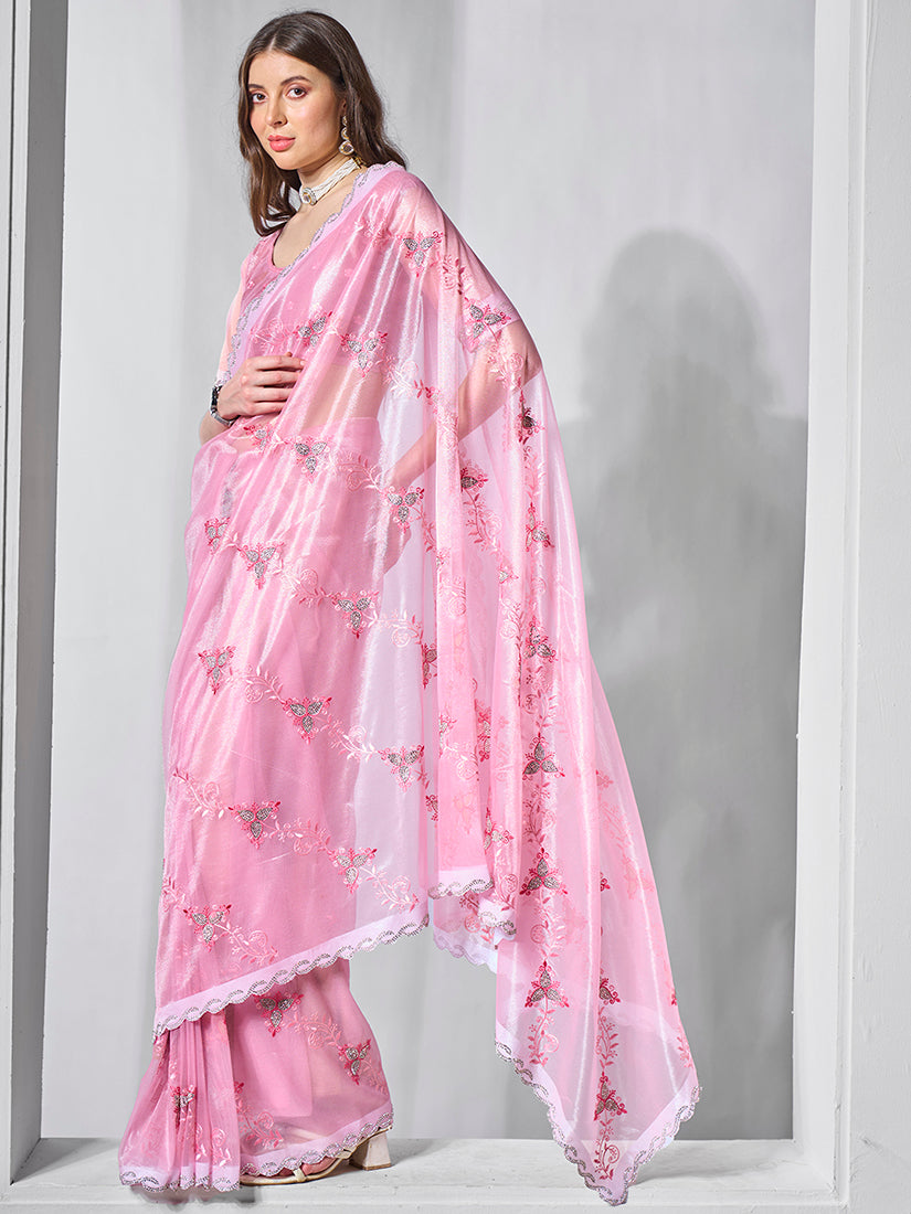 Monjolika Fashion Gold Tissue Net Embroidered Pink Contemporary Saree