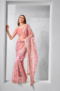 Monjolika Fashion Gold Tissue Net Peach Embroidered Classic Saree