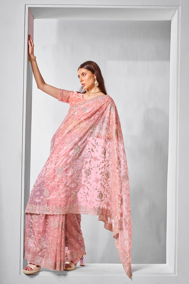 Monjolika Fashion Gold Tissue Net Peach Embroidered Classic Saree