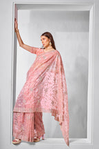 Monjolika Fashion Gold Tissue Net Peach Embroidered Classic Saree