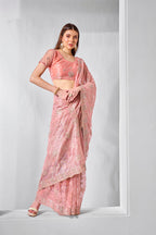 Monjolika Fashion Gold Tissue Net Peach Embroidered Classic Saree