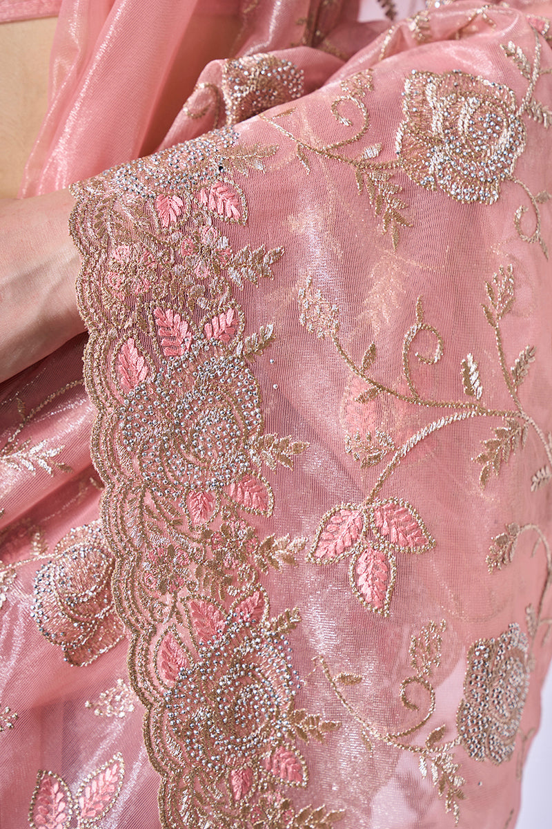 Monjolika Fashion Gold Tissue Net Peach Embroidered Classic Saree