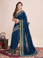 Monjolika Fashion Teal Blue Vichitra Silk Classic Saree with Embroidered Work