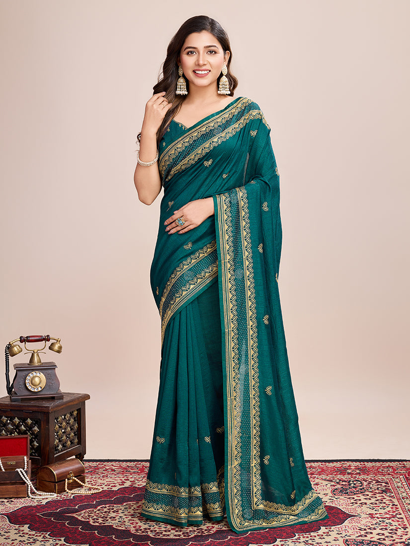 Monjolika Fashion Rama Vichitra Silk Classic Saree with Embroidered Work