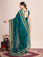 Monjolika Fashion Rama Vichitra Silk Classic Saree with Embroidered Work