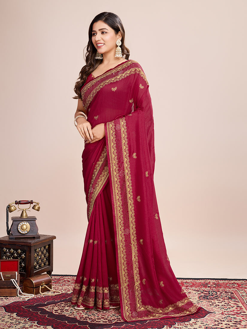 Monjolika Fashion Red Vichitra Silk Classic Saree with Embroidered Work