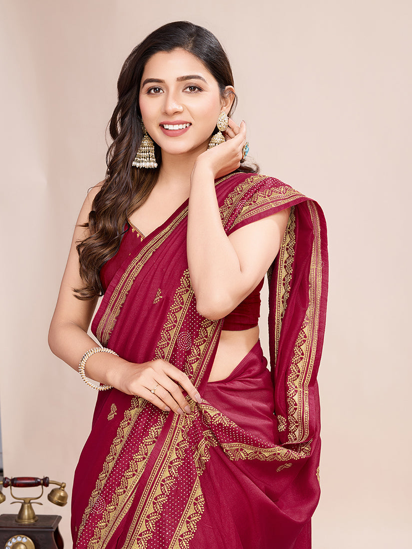 Monjolika Fashion Red Vichitra Silk Classic Saree with Embroidered Work