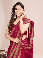 Monjolika Fashion Red Vichitra Silk Classic Saree with Embroidered Work