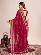 Monjolika Fashion Red Vichitra Silk Classic Saree with Embroidered Work