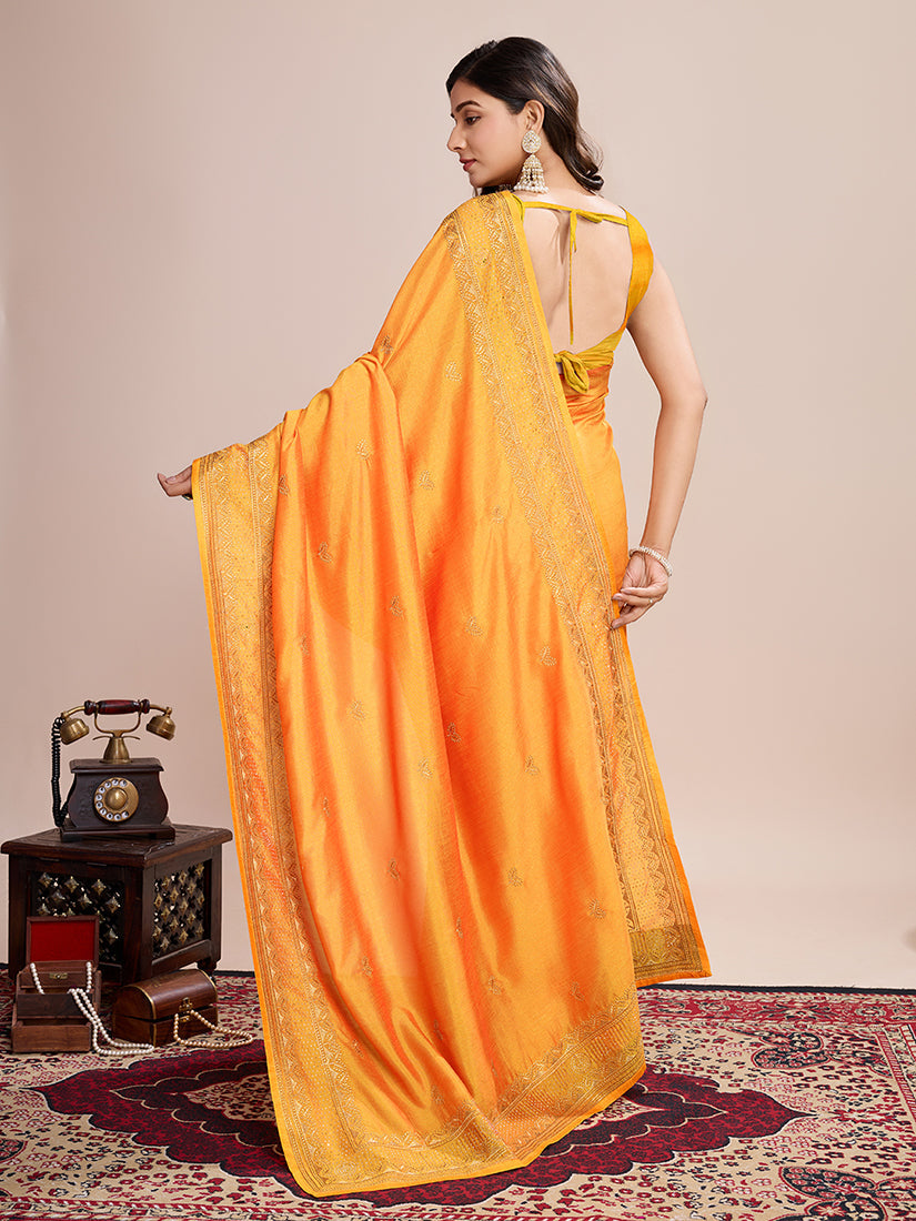 Monjolika Fashion Mustard Vichitra Silk Classic Saree with Embroidered Work
