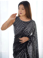 Monjolika Fashion Sequins Georgette Black Reception Party Wear Saree