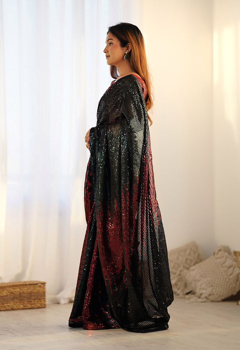 Monjolika Fashion Sequins Georgette Black Reception Party Wear Saree