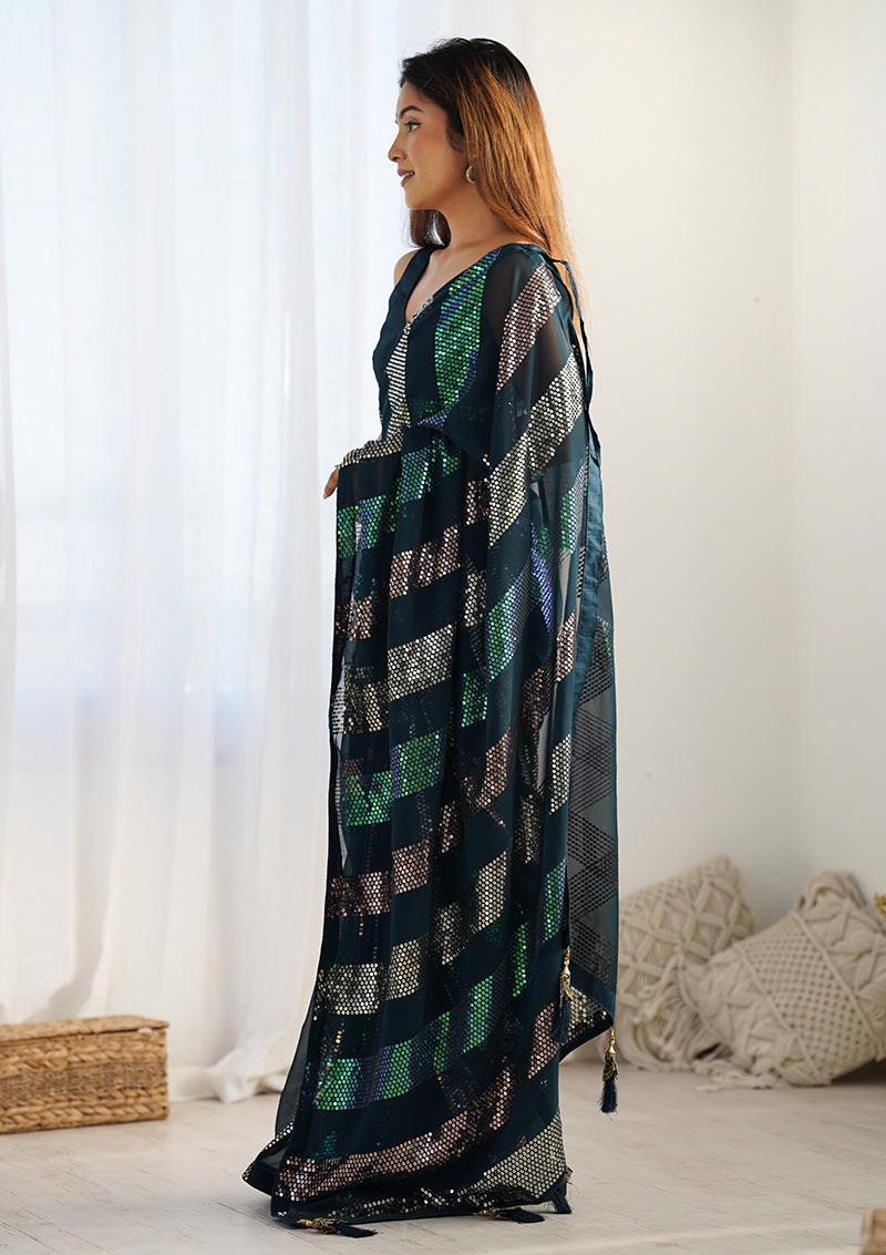 Monjolika Fashion Georgette Sequins Teal Blue Color Classic Saree