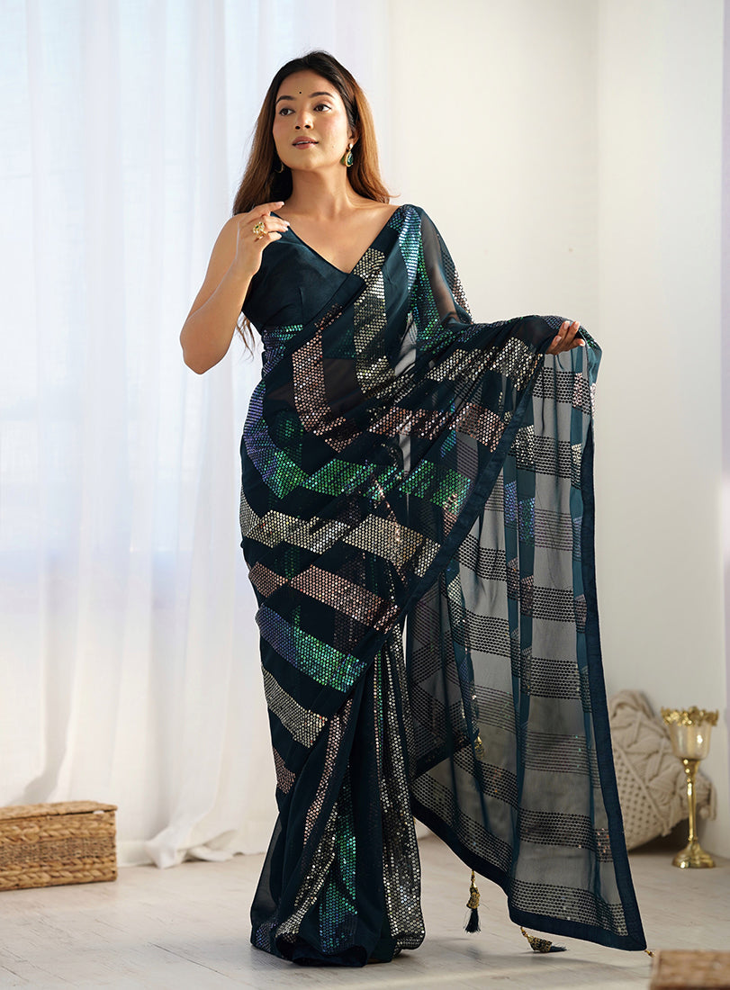 Monjolika Fashion Georgette Sequins Teal Blue Color Classic Saree