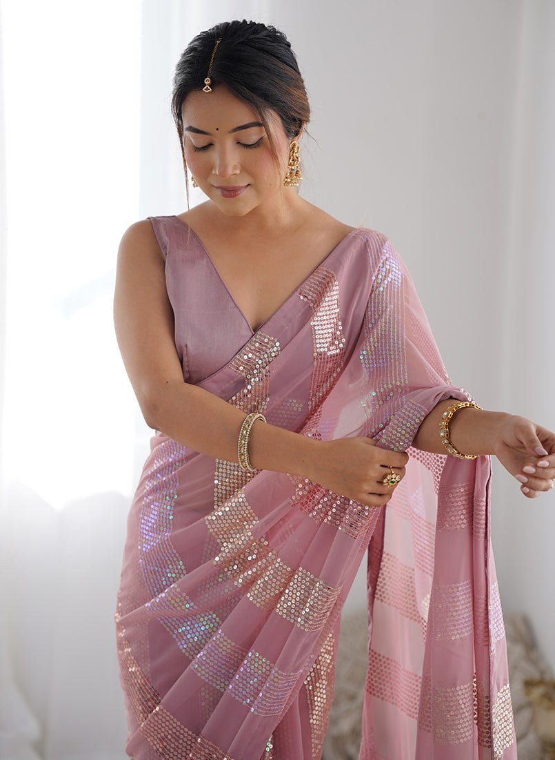 Monjolika Fashion Georgette Sequins Pink Color Classic Saree