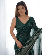 Monjolika Fashion Bottle Green Georgette Party Wear Saree with Sequins Work