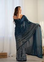 Monjolika Fashion Morpeach Georgette Party Wear Saree with Sequins Work