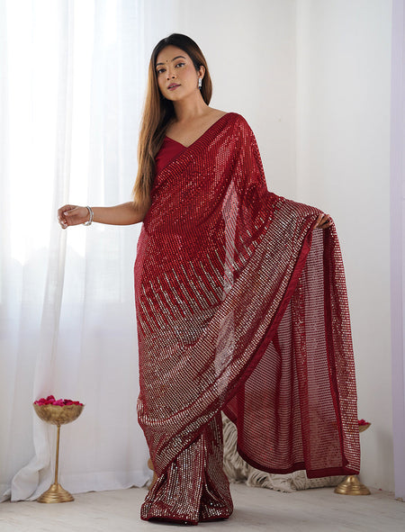 Monjolika Fashion Red Georgette Party Wear Saree with Sequins Work