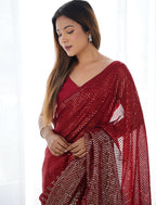 Monjolika Fashion Red Georgette Party Wear Saree with Sequins Work