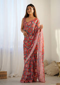 Monjolika Fashion Chinon Digital Print Classic Saree in Red - Distacart