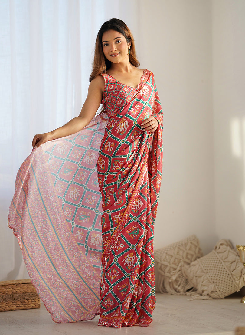 Monjolika Fashion Chinon Digital Print Classic Saree in Red - Distacart