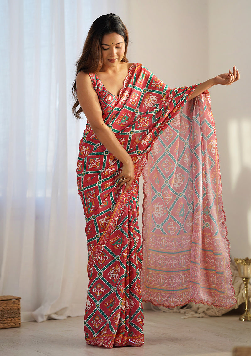 Monjolika Fashion Chinon Digital Print Classic Saree in Red - Distacart