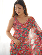 Monjolika Fashion Chinon Digital Print Classic Saree in Red - Distacart