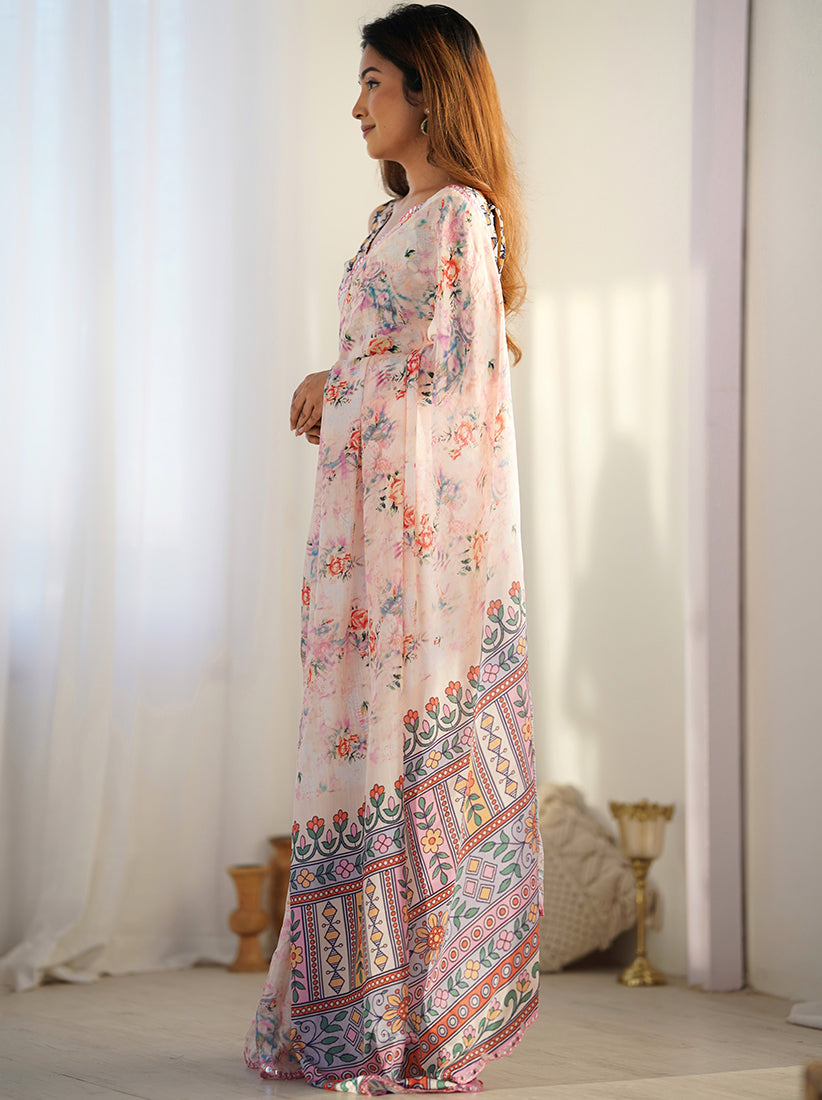 Monjolika Fashion Chinon Digital Print Classic Saree in Off White - Distacart