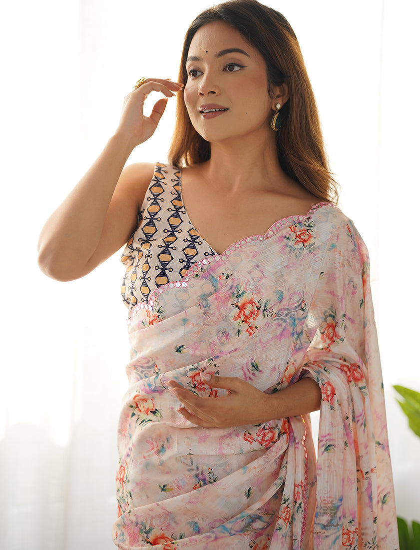 Monjolika Fashion Chinon Digital Print Classic Saree in Off White - Distacart