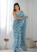 Monjolika Fashion Chinon Digital Print Classic Saree in Light Blue - Distacart