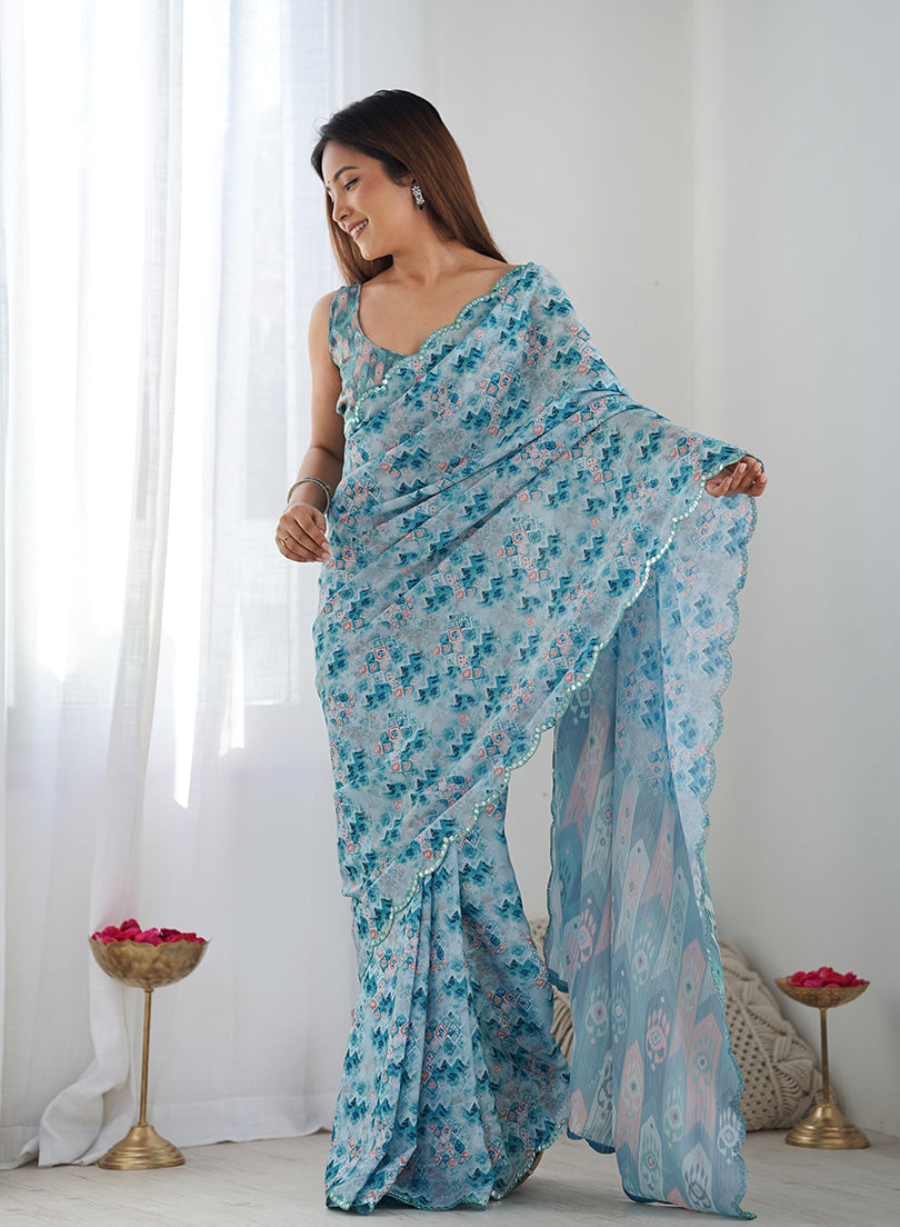 Monjolika Fashion Chinon Digital Print Classic Saree in Light Blue - Distacart