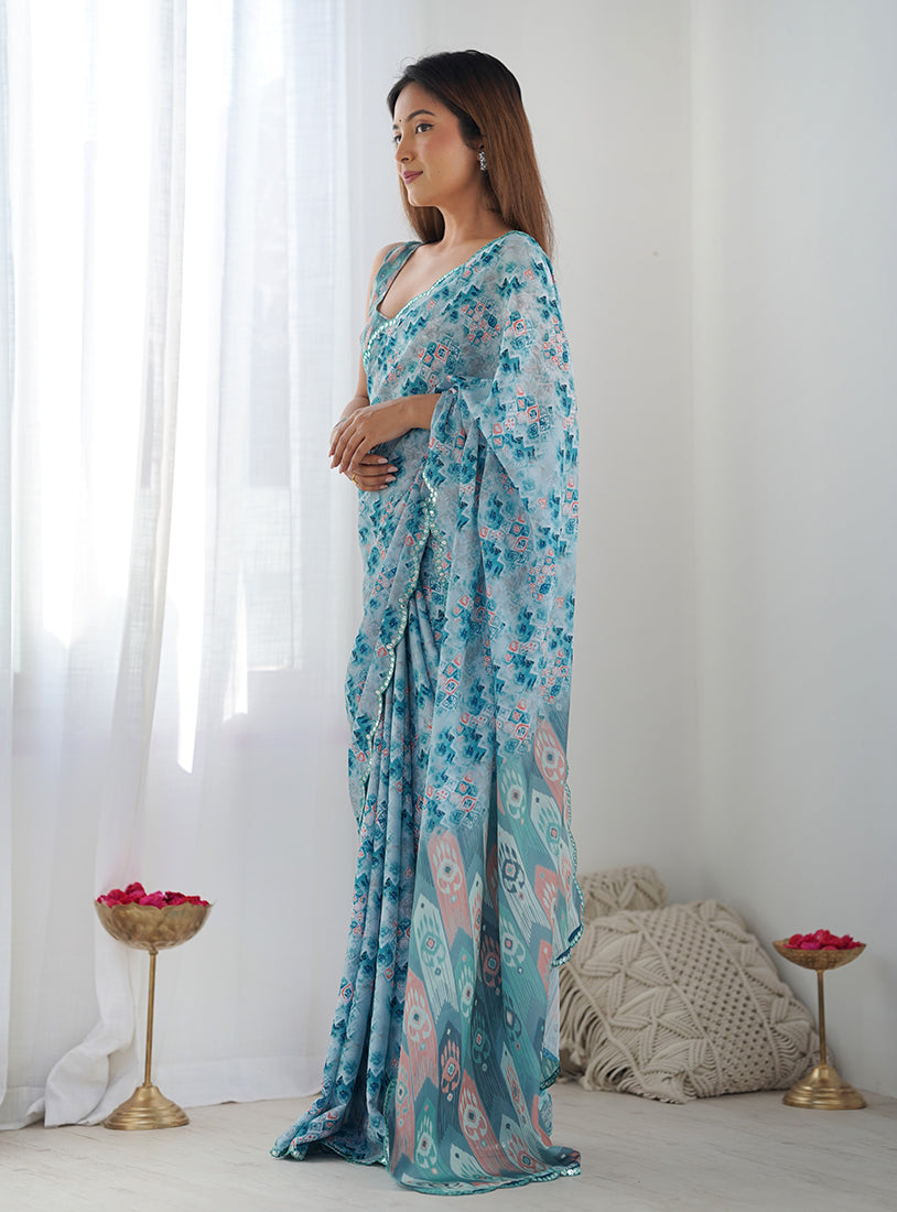 Monjolika Fashion Chinon Digital Print Classic Saree in Light Blue - Distacart