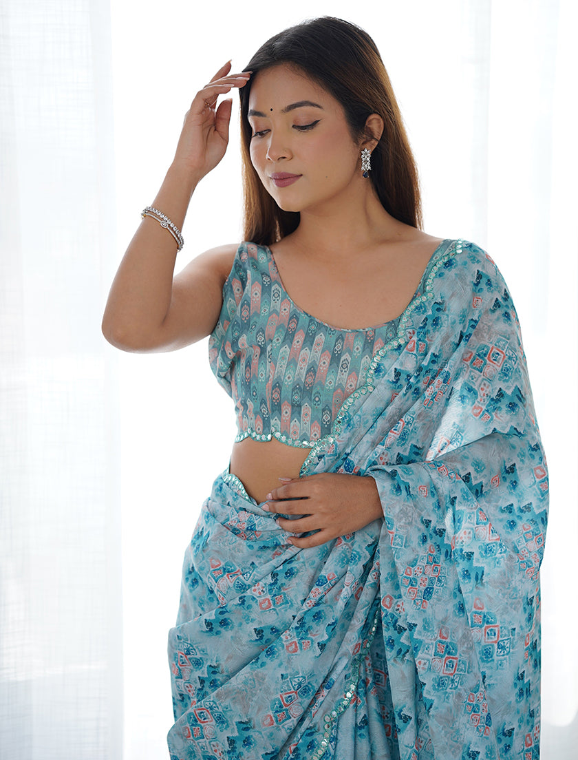 Monjolika Fashion Chinon Digital Print Classic Saree in Light Blue - Distacart