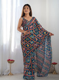 Monjolika Fashion Chinon Digital Print Classic Saree in Navy Blue - Distacart