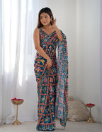 Monjolika Fashion Chinon Digital Print Classic Saree in Navy Blue - Distacart