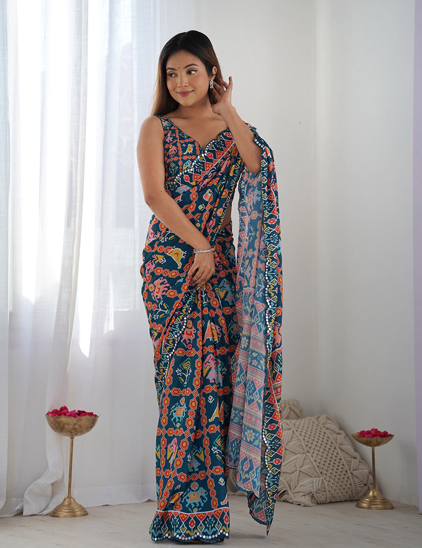 Monjolika Fashion Chinon Digital Print Classic Saree in Navy Blue - Distacart