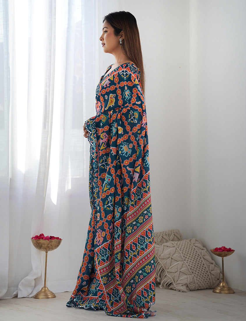 Monjolika Fashion Chinon Digital Print Classic Saree in Navy Blue - Distacart