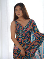 Monjolika Fashion Chinon Digital Print Classic Saree in Navy Blue - Distacart