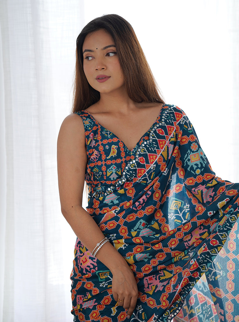 Monjolika Fashion Chinon Digital Print Classic Saree in Navy Blue - Distacart