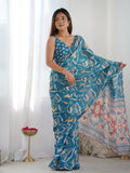 Monjolika Fashion Chinon Digital Print Classic Saree in Teal Blue - Distacart