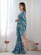 Monjolika Fashion Chinon Digital Print Classic Saree in Teal Blue - Distacart