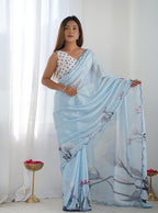 Monjolika Fashion Chinon Digital Print Classic Saree in Sky Blue - Distacart