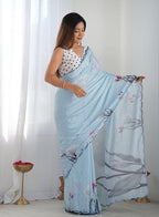 Monjolika Fashion Chinon Digital Print Classic Saree in Sky Blue - Distacart