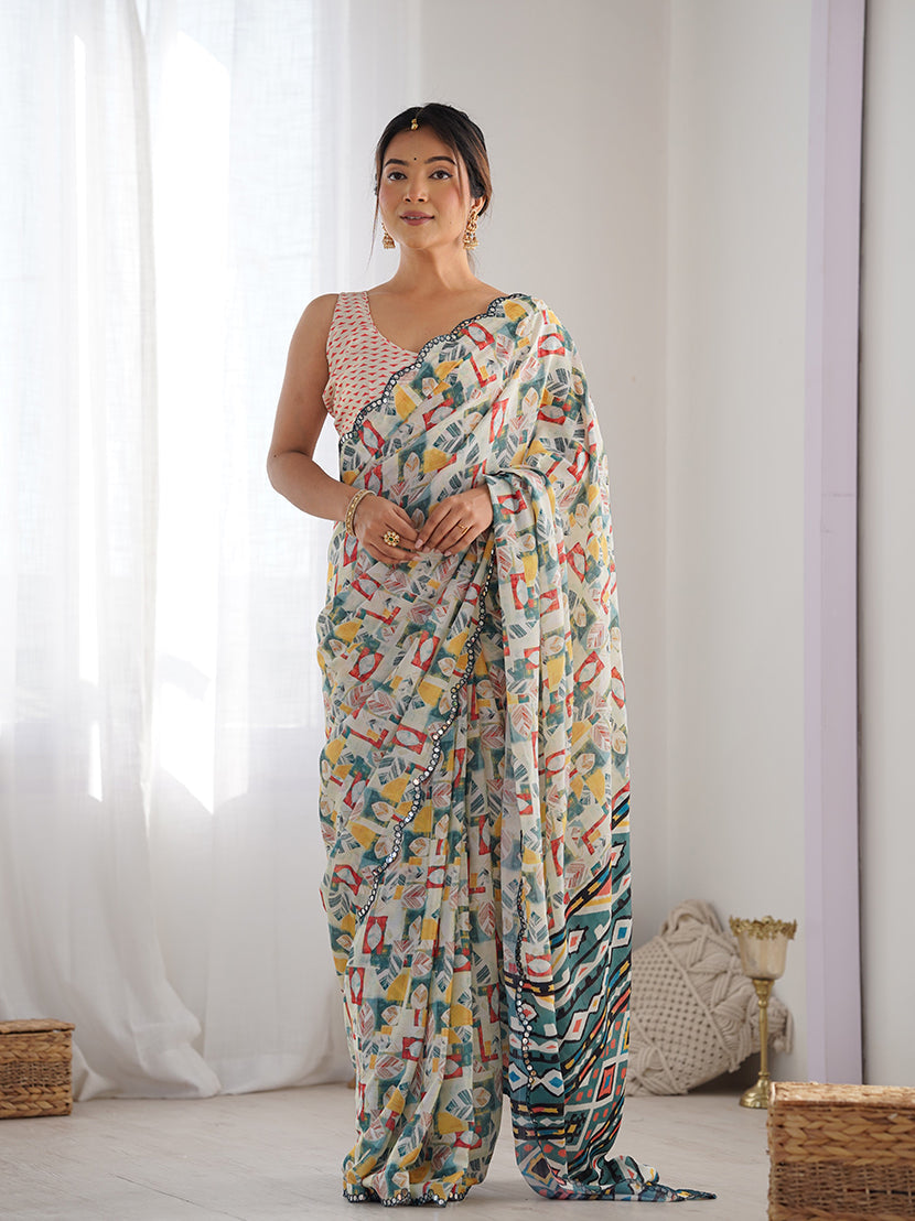Monjolika Fashion Chinon Digital Print Classic Saree in Off White - Distacart